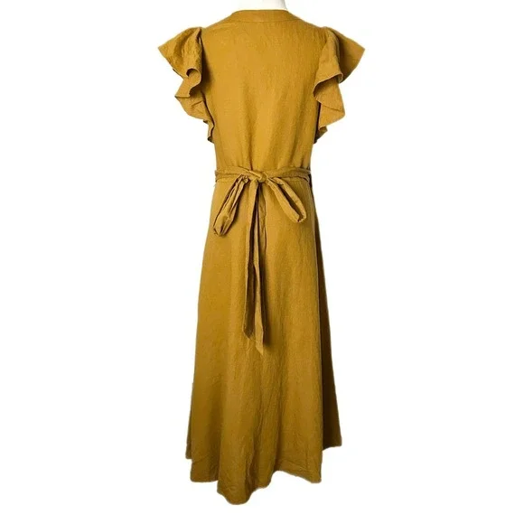NEW Madewell Linen Blend Ruffle Sleeve Wrap Midi Dress Antique Gold NF934 Small - Picture 4 of 8